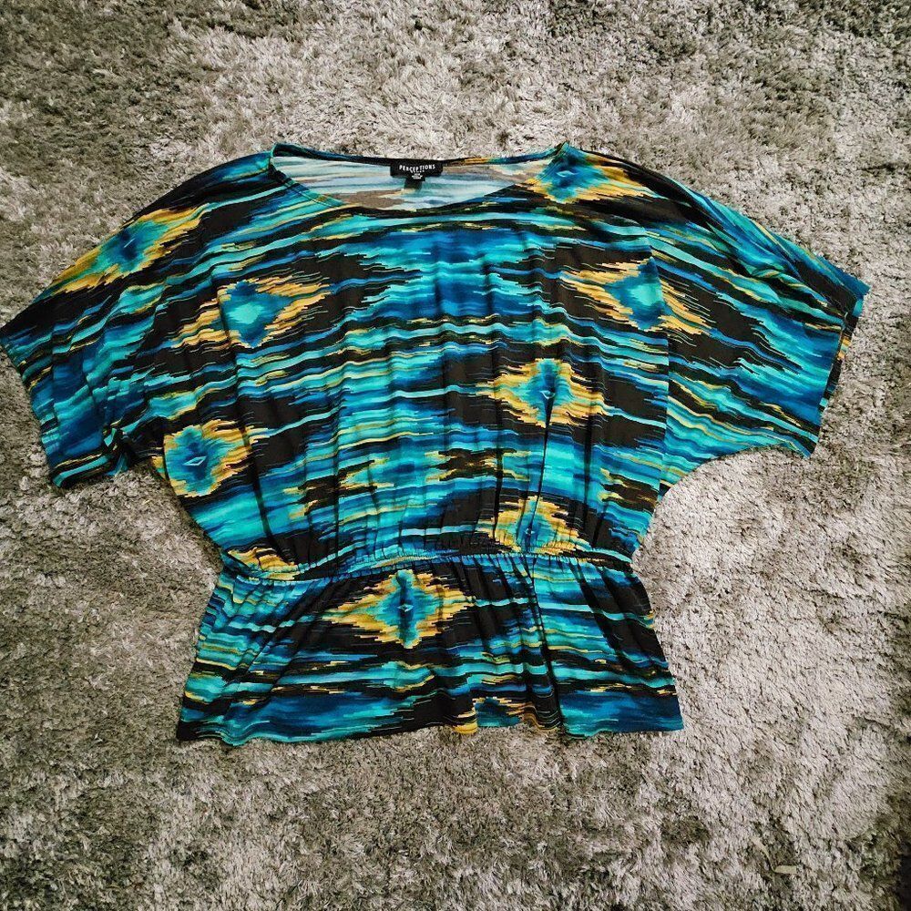 Women's Perceptions Elastic Waist Blouse Blue Black Gold Size 18 W